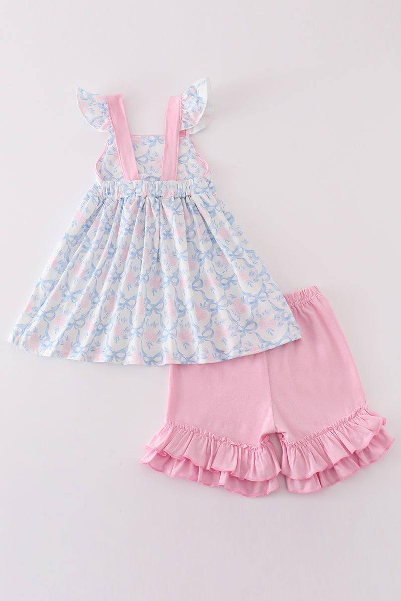 Blue bow tie print girl set