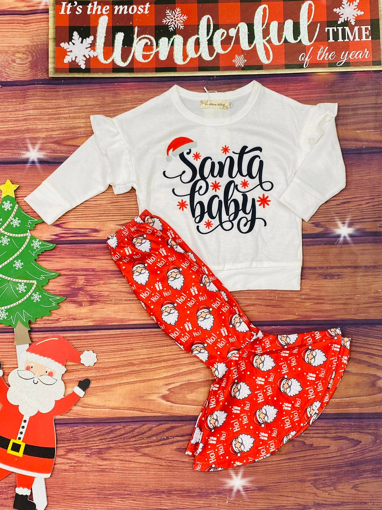 "Santa baby" white top bell bottom pant 2pc sets XCH0018-4H: S-2/3