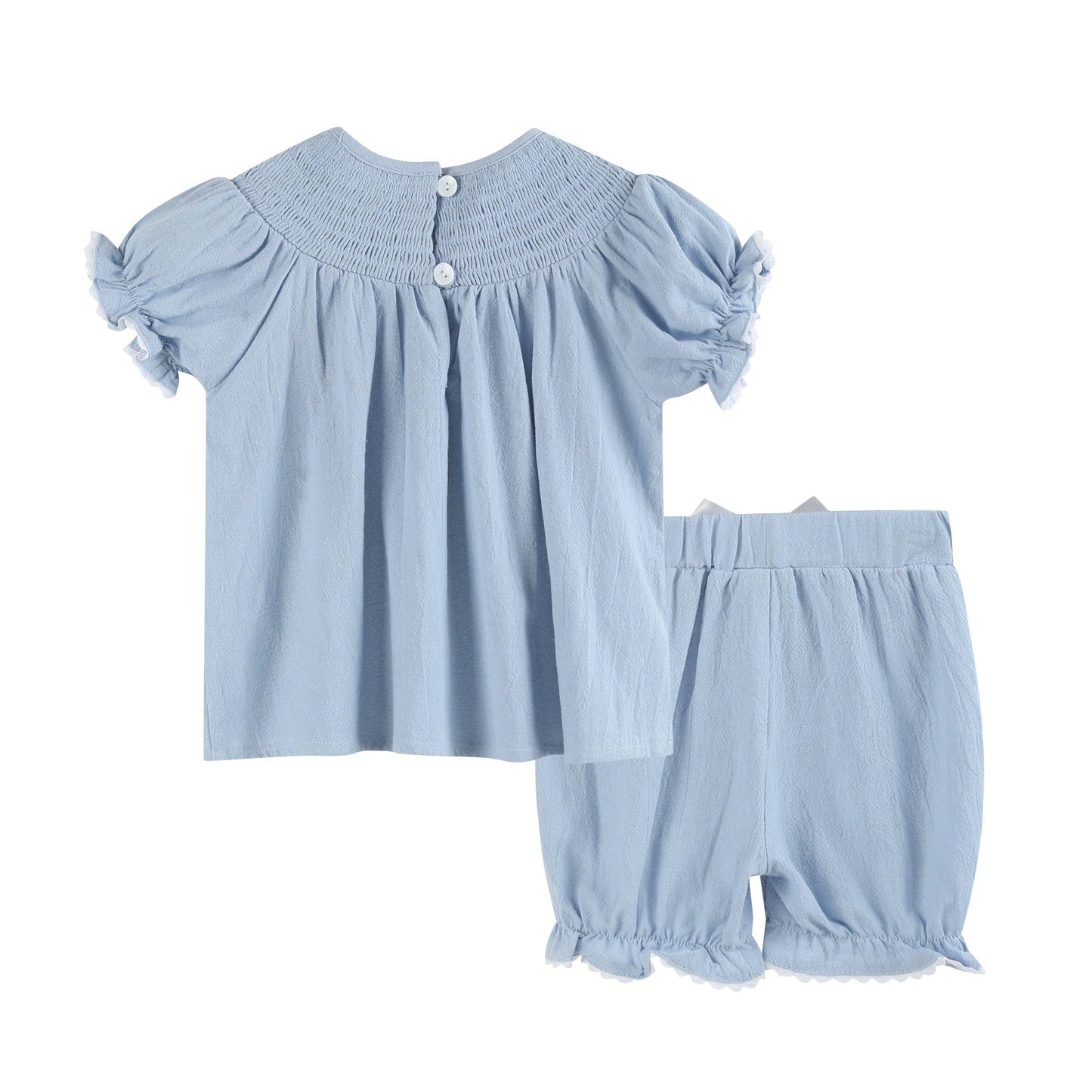 Light Blue Nativity Smocked Dress and Bloomers Set: 6-12M