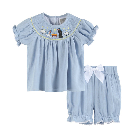 Light Blue Nativity Smocked Dress and Bloomers Set: 6-12M