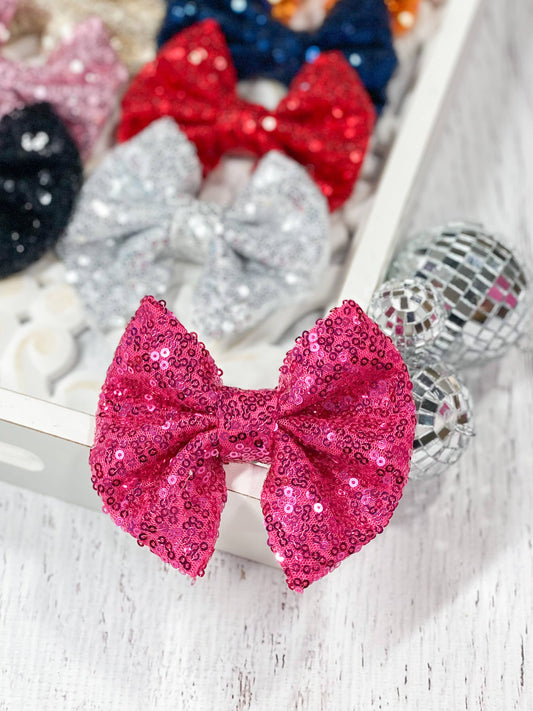 Fancy Sequin Hair Bow: Hot Pink