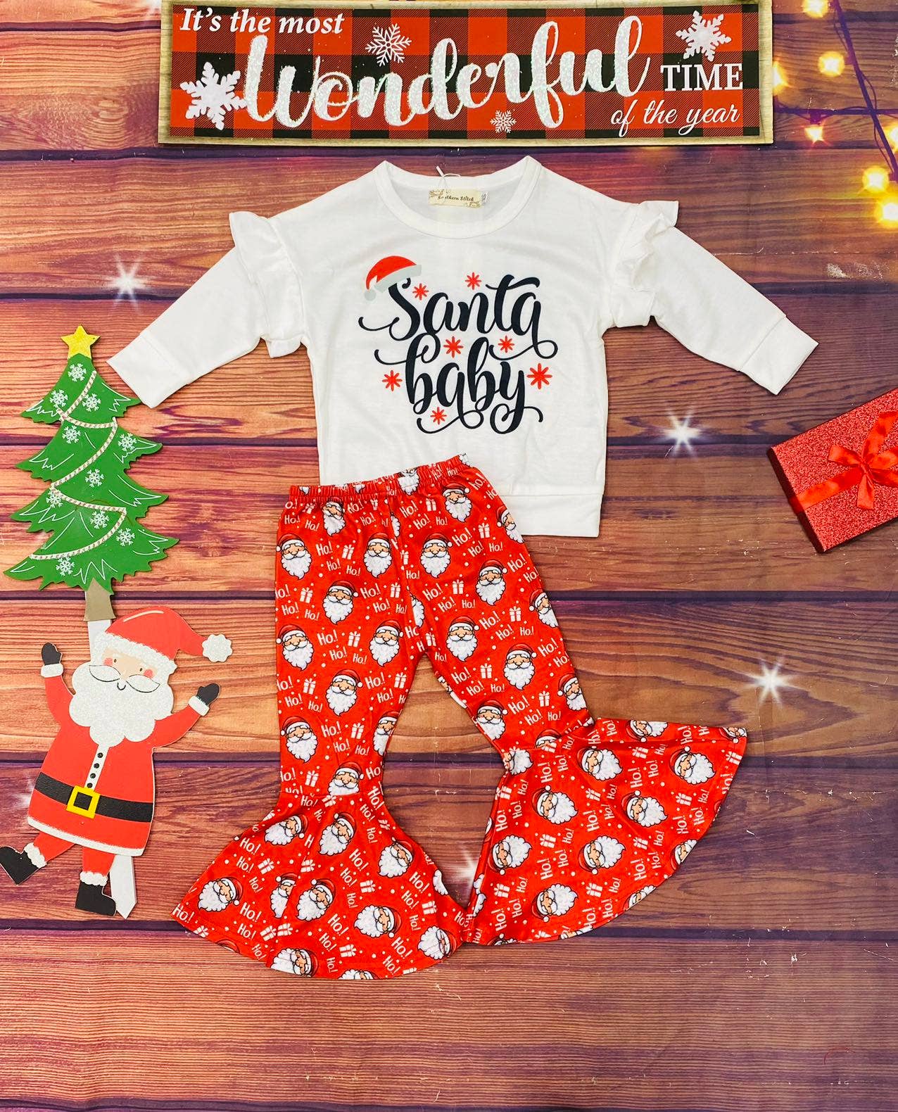 "Santa baby" white top bell bottom pant 2pc sets XCH0018-4H: S-2/3