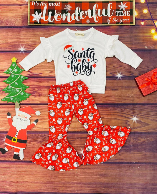 "Santa baby" white top bell bottom pant 2pc sets XCH0018-4H: S-2/3