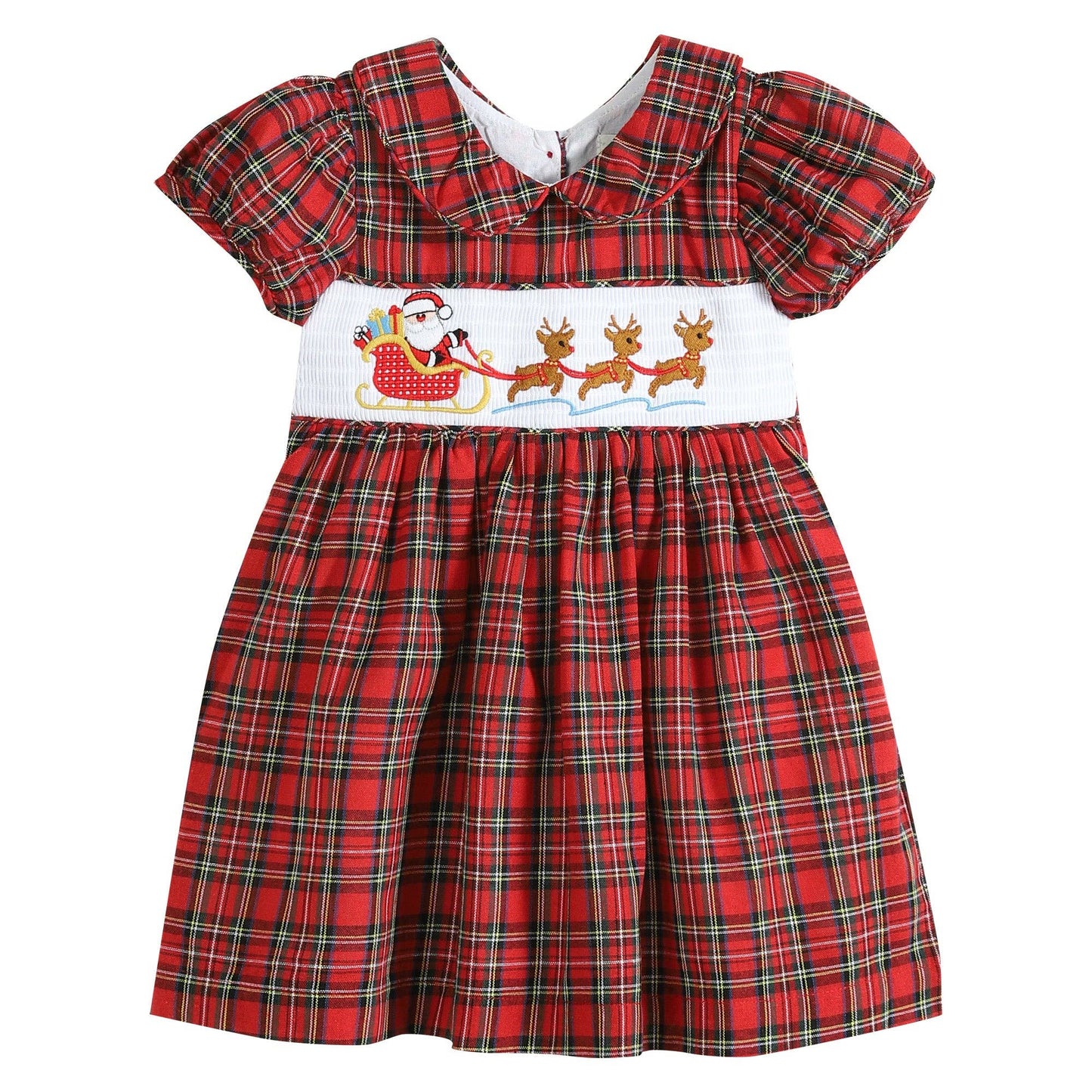 Red Christmas Plaid Santa Sleigh Smocked Dress: 3T