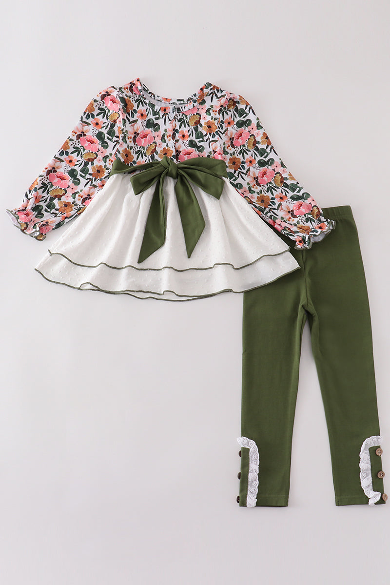 Green floral print swiss dot girl set