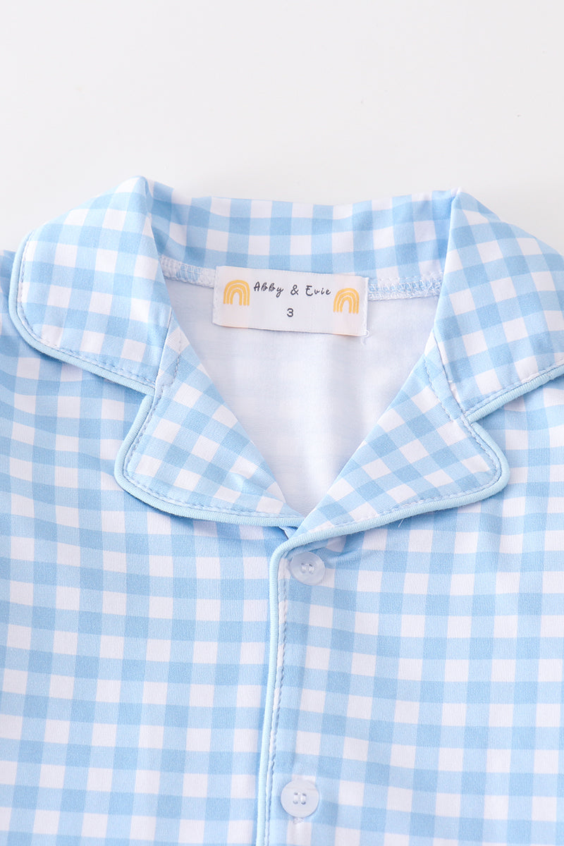 Blue plaid boy button down pajamas set