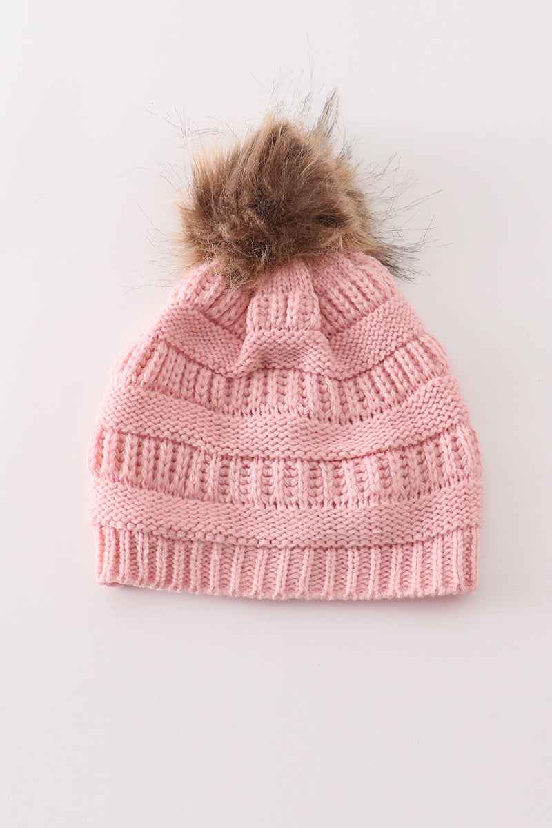 Pink pompom cable beanie