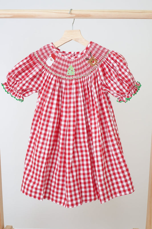 Red christmas santa tree reindeer hand smocked gingham dress