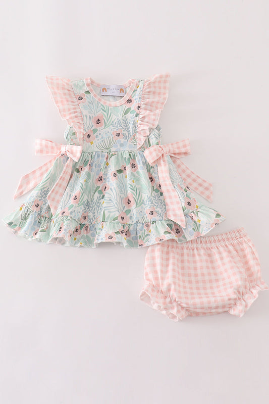 Green floral ruffle baby set