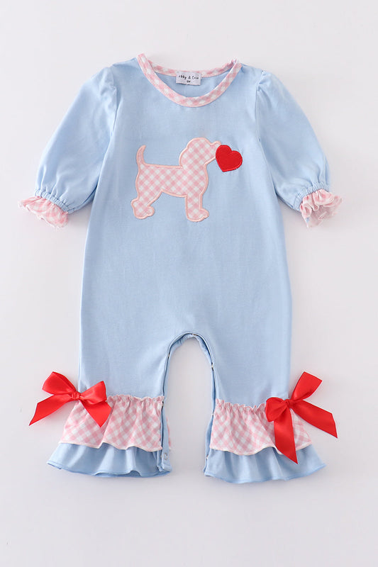 Blue valentine puppy heart applique girl romper