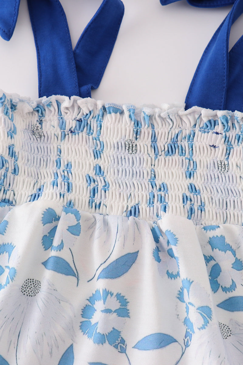 Blue Porcelain Petals print smocked girl bloomer set