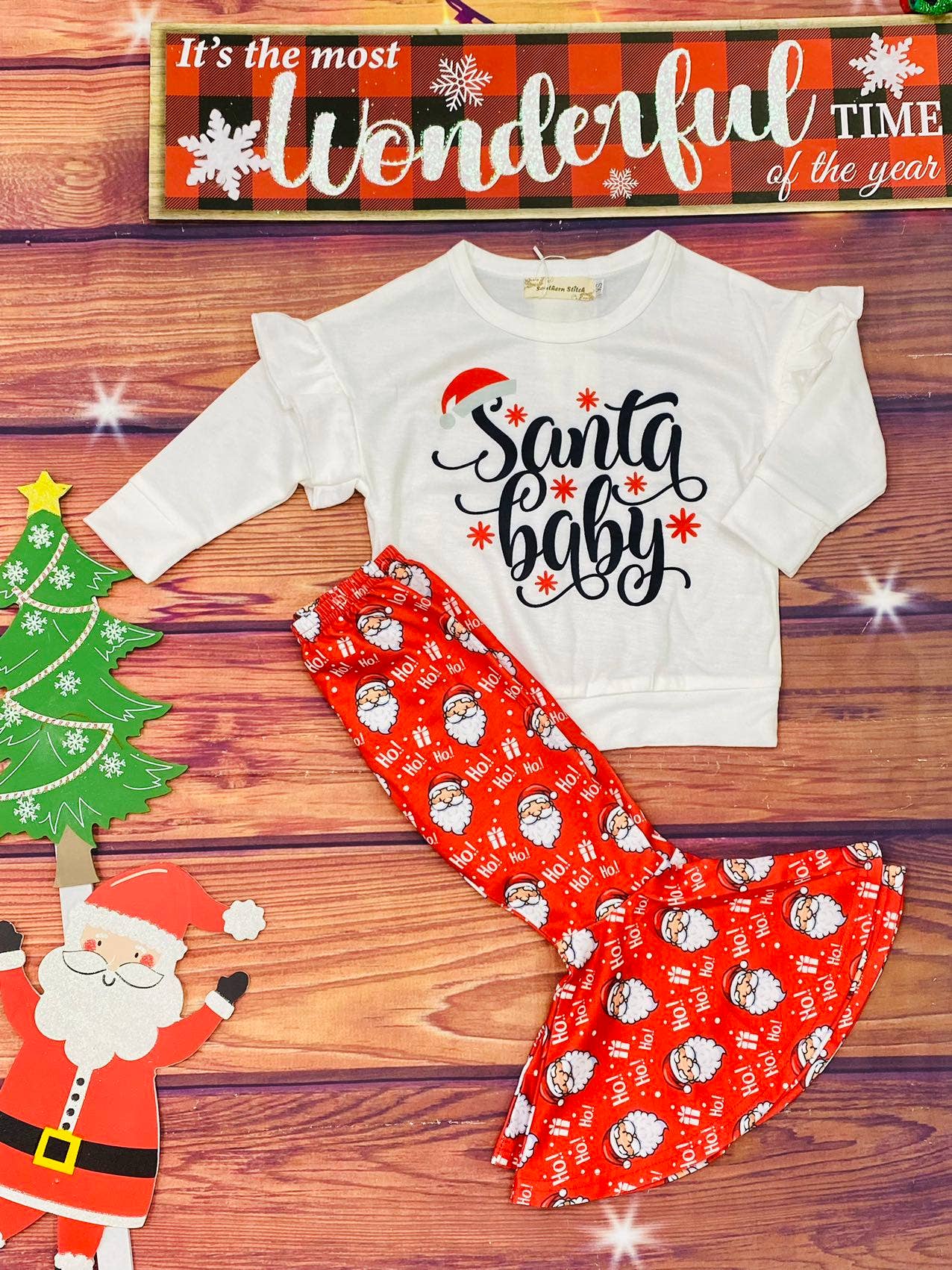 "Santa baby" white top bell bottom pant 2pc sets XCH0018-4H: S-2/3