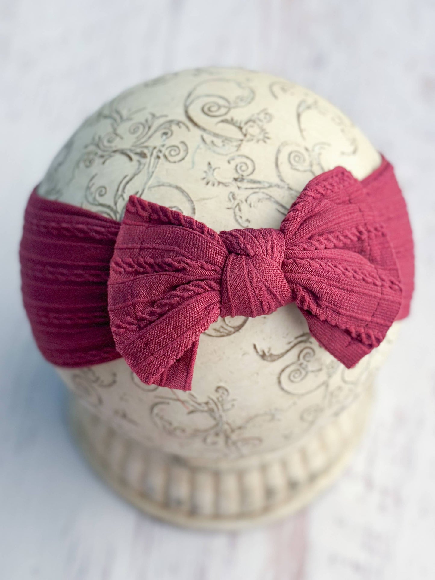 Cable Knit Bow Headband: Burgundy