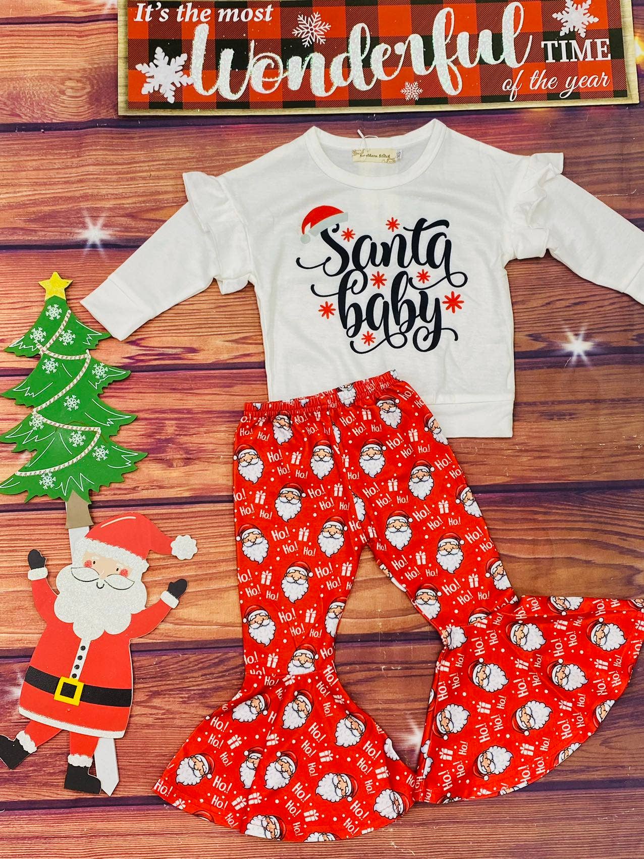 "Santa baby" white top bell bottom pant 2pc sets