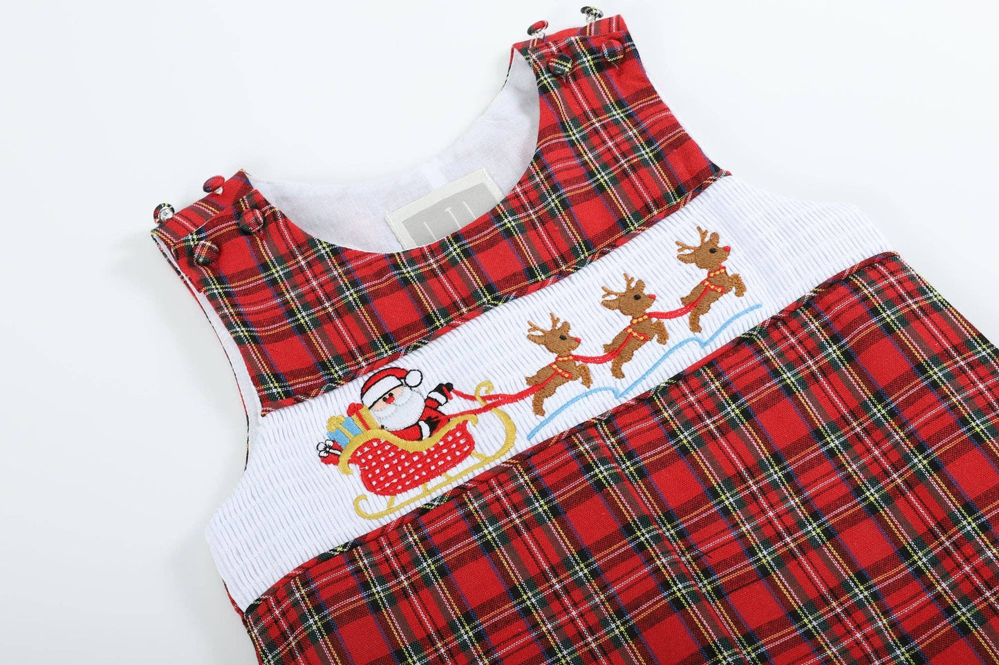 Red Christmas Plaid Santa Sleigh Smocked Overalls: 18-24M