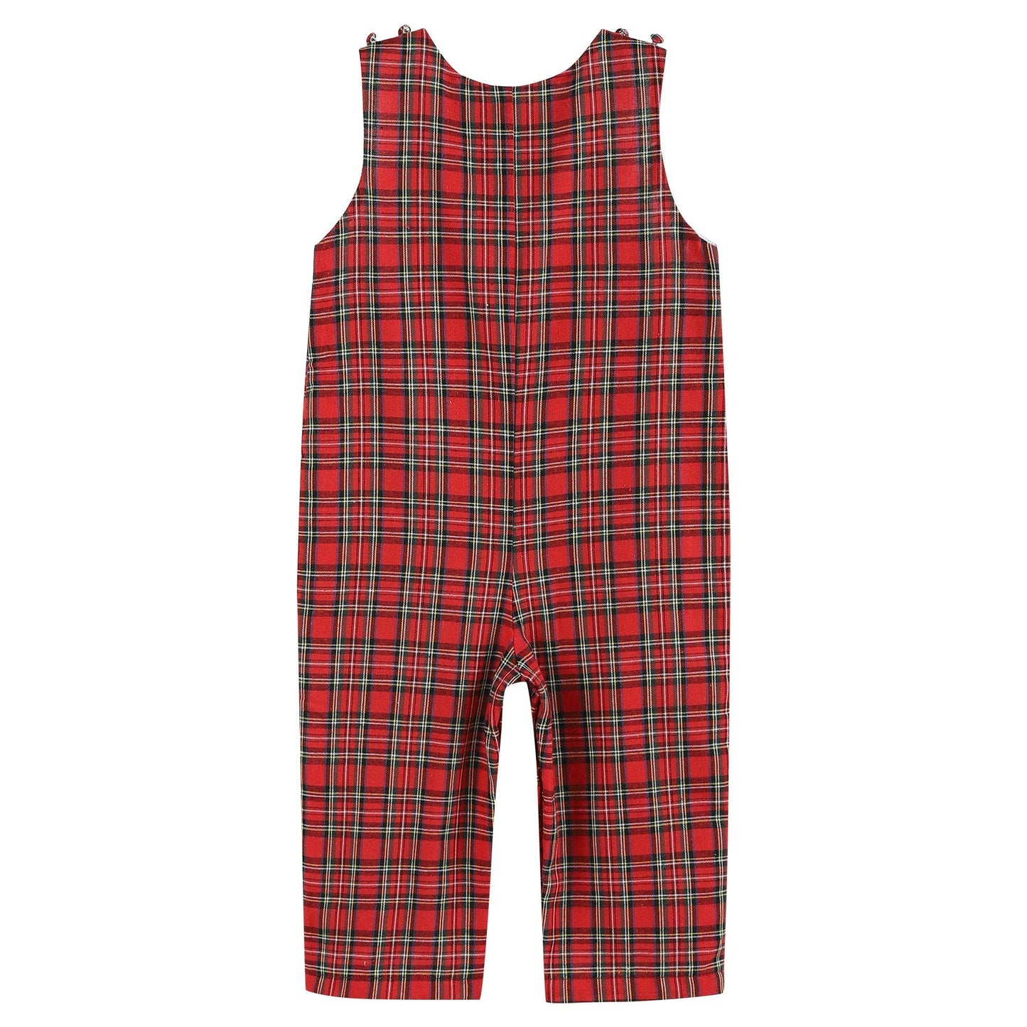 Red Christmas Plaid Santa Sleigh Smocked Overalls: 18-24M