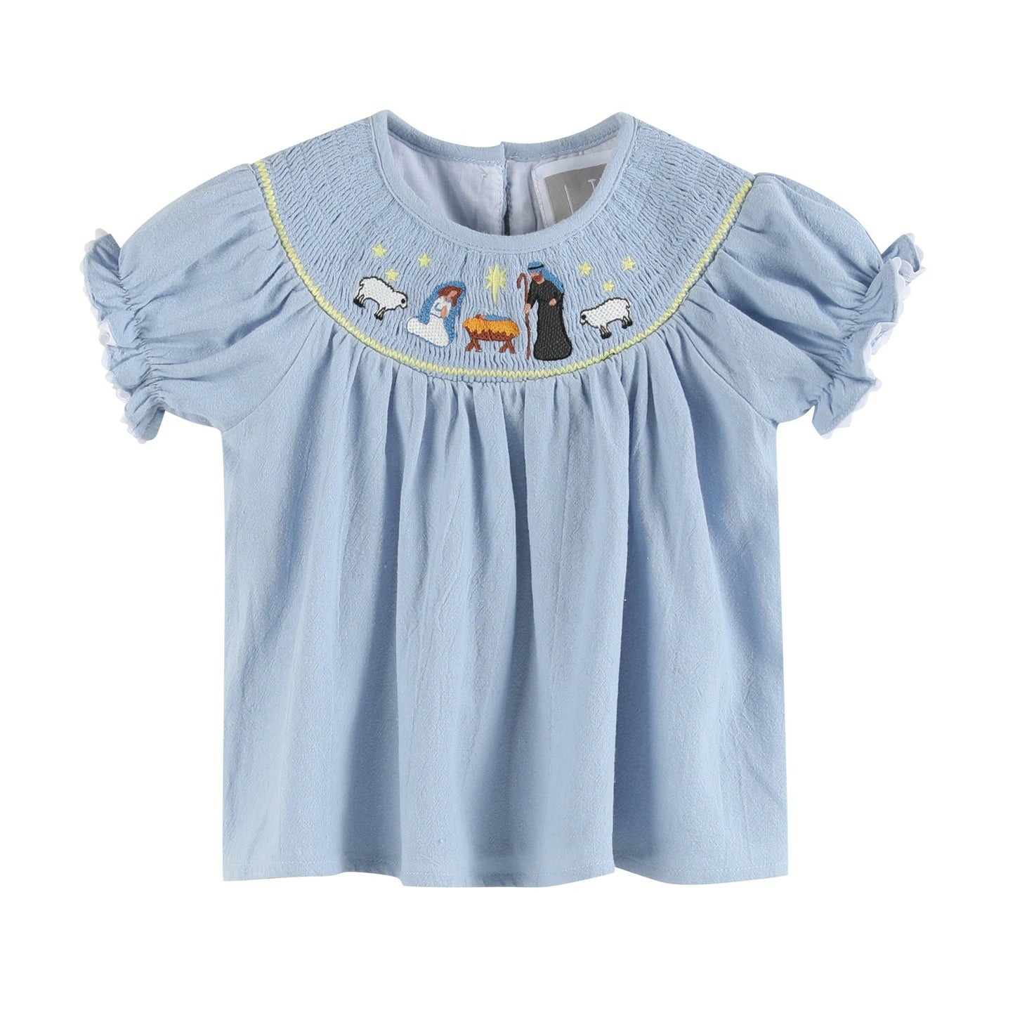 Light Blue Nativity Smocked Dress and Bloomers Set: 6-12M