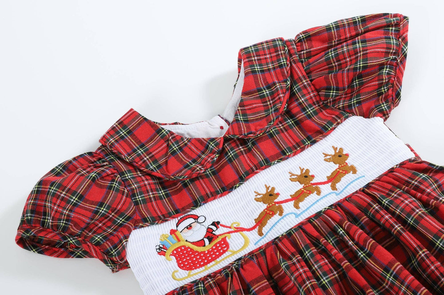 Red Christmas Plaid Santa Sleigh Smocked Dress: 4T