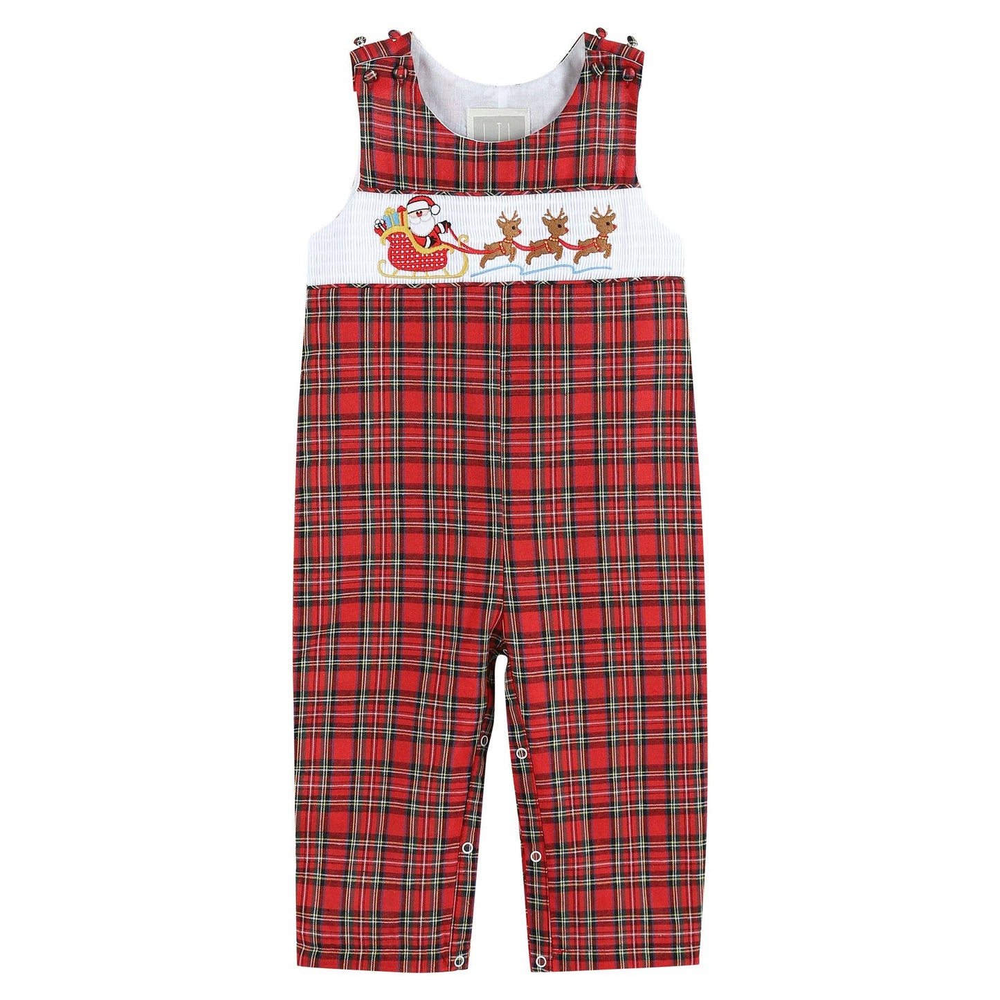 Red Christmas Plaid Santa Sleigh Smocked Overalls: 18-24M